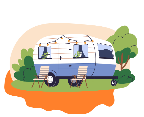 Caravana Ilustración de una caravana azul y blanco en la naturaleza