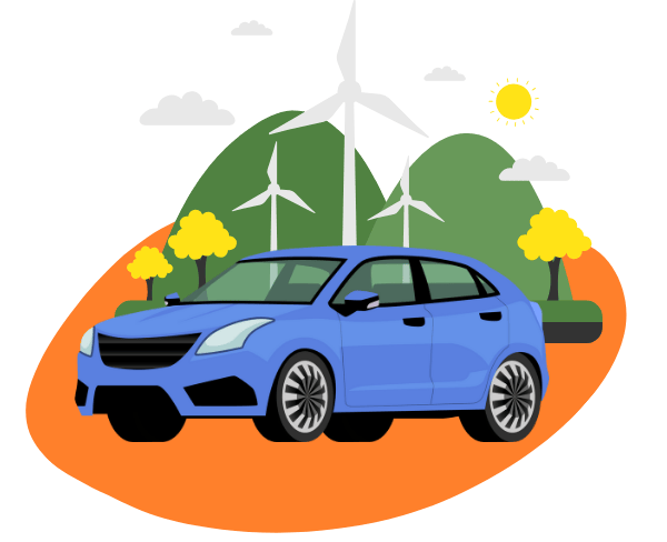 Conducción Eficiente Ilustración de un coche azul conduciendo por un paraje verde