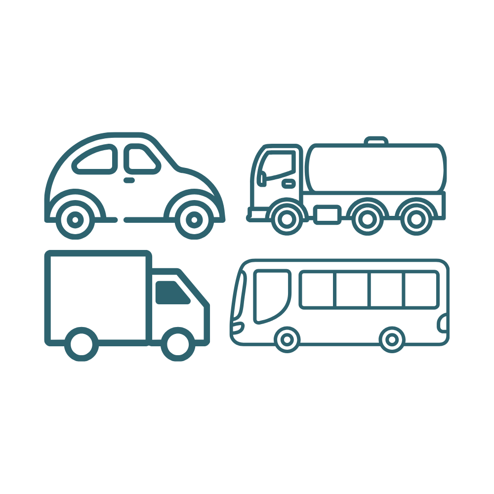 Iconos de la oferta formativa de la Autoescuela La Victoria, coches, camiones, camiones cisterna y autobuses