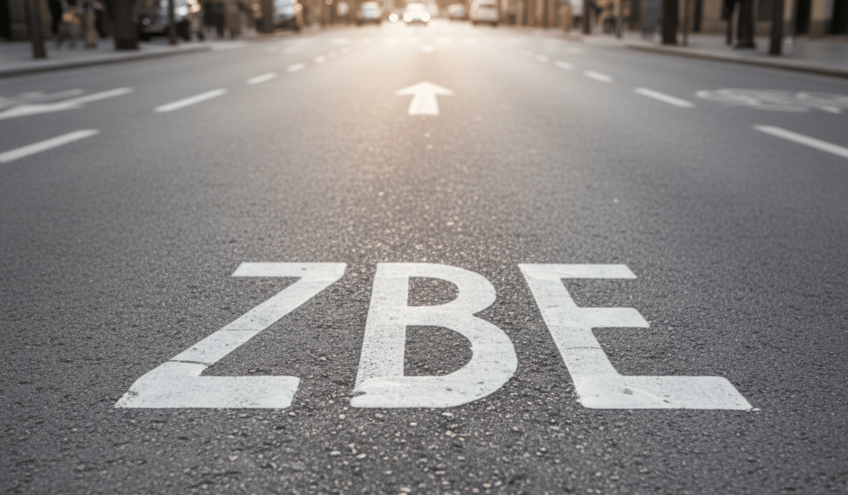 ZBE Granada: ‘ZBE’ pintado en el asfalto con flecha de avance, representación de la zona de bajas emisiones de la ciudad