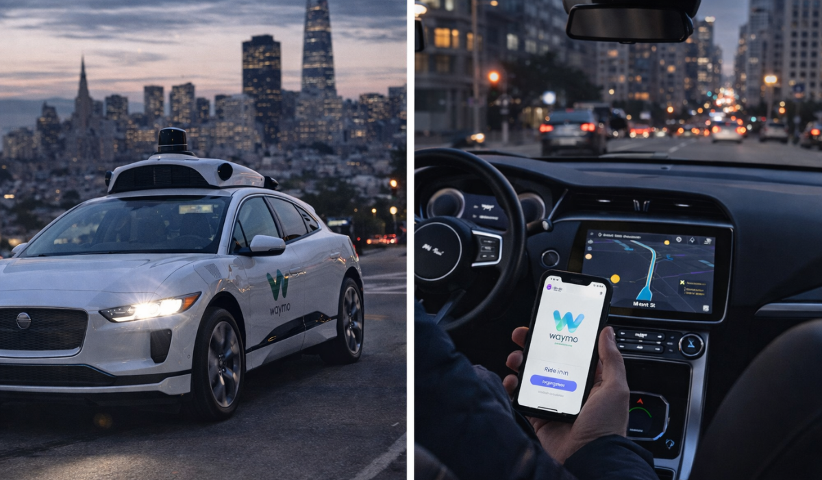Imagen comparativa de un coches autónomo en San Francisco: vista exterior con sensores en el techo y vista interior con pantalla de ruta y volante sin conductor