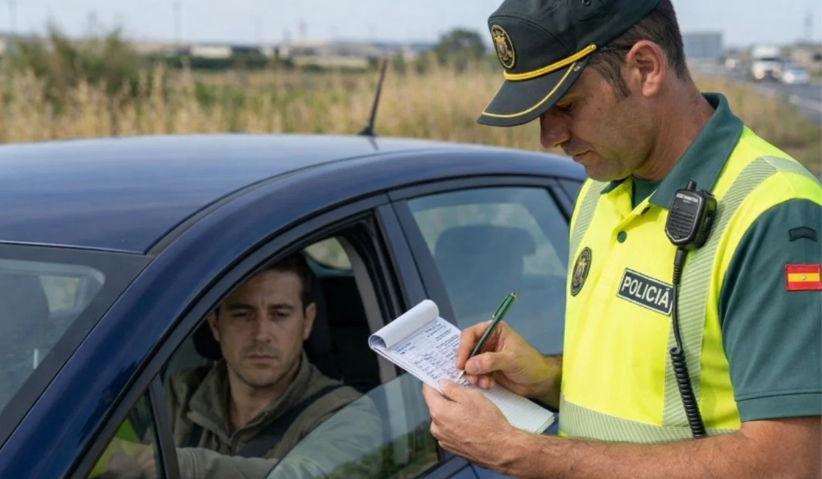 Agente de tráfico sancionando a un conductor desde la ventanilla de su coche en un control de carretera