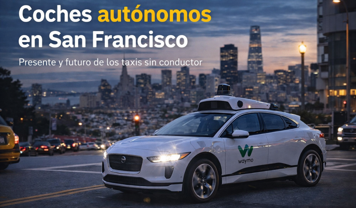 Coches autónomos en San francisco: coche circulando por una calle de San Francisco al atardecer con el skyline de la ciudad al fondo y un titular sobreimpreso en la imagen