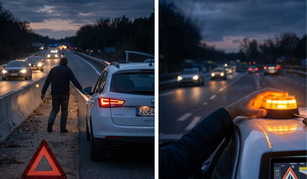 Comparativa entre un conductor colocando un triángulo de emergencia en carretera y el uso de una baliza V16 desde el coche